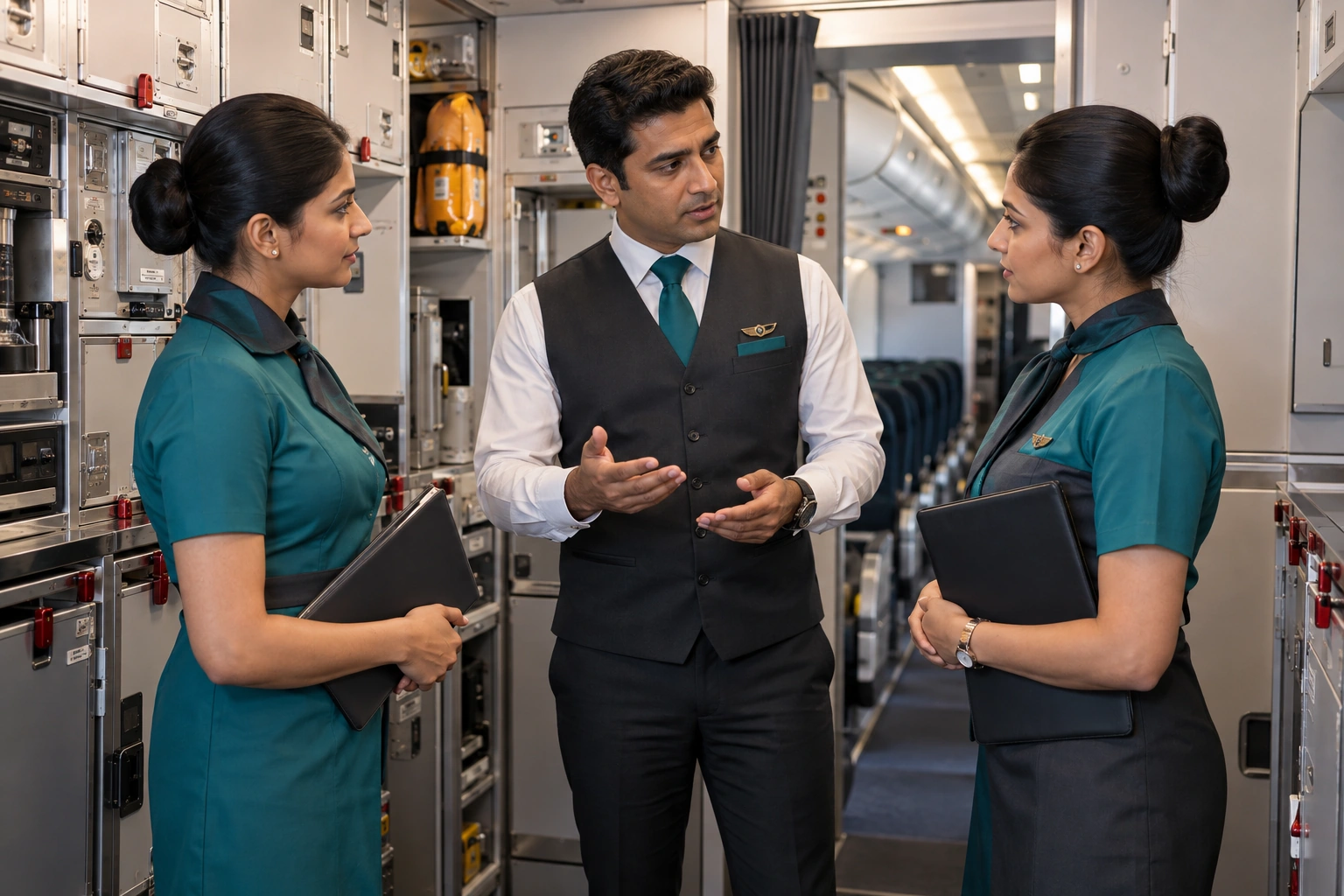AI-generated illustrative cabin crew team beside an aircraft